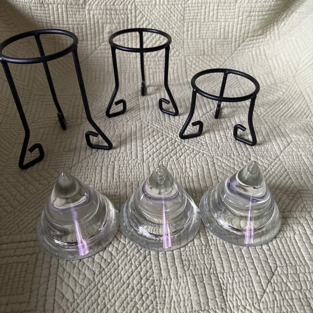 Vtg MCM Wrought Iron Glass Tea Light Holders Set of3 Glass Cone Votives Graduate